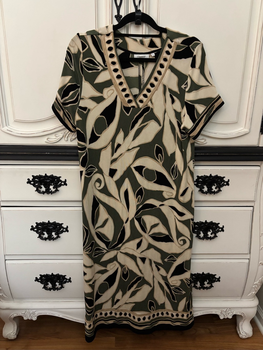 Chico's Olive Green, Cream & Black Patterned Midi Dress
